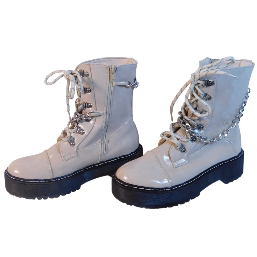 Combat Boots Union Bay Y2k Kailee Patent Leather Side Zip Lace Chain‎ 8M HG9170